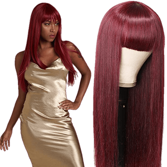 Victoria Spotlight  Straight Human Hair Wigs With Bangs 130%-BURGUNDY - VIP Extensions